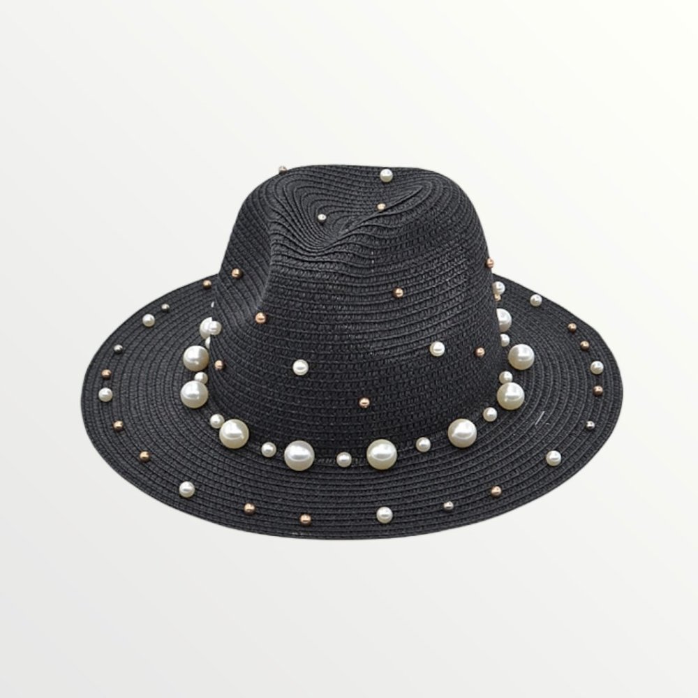BLACK BEADED STRAW FEDORA